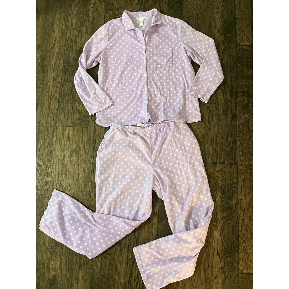 Adonna Sleepwear Womens Lavender Long Sleeve Fleece Pajama Set XL Polka Dot 204